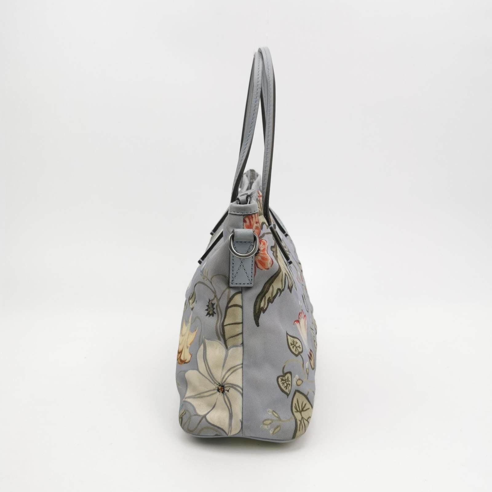 Gray Gucci Flora Knight Tote Blue Nylon and Leather Small