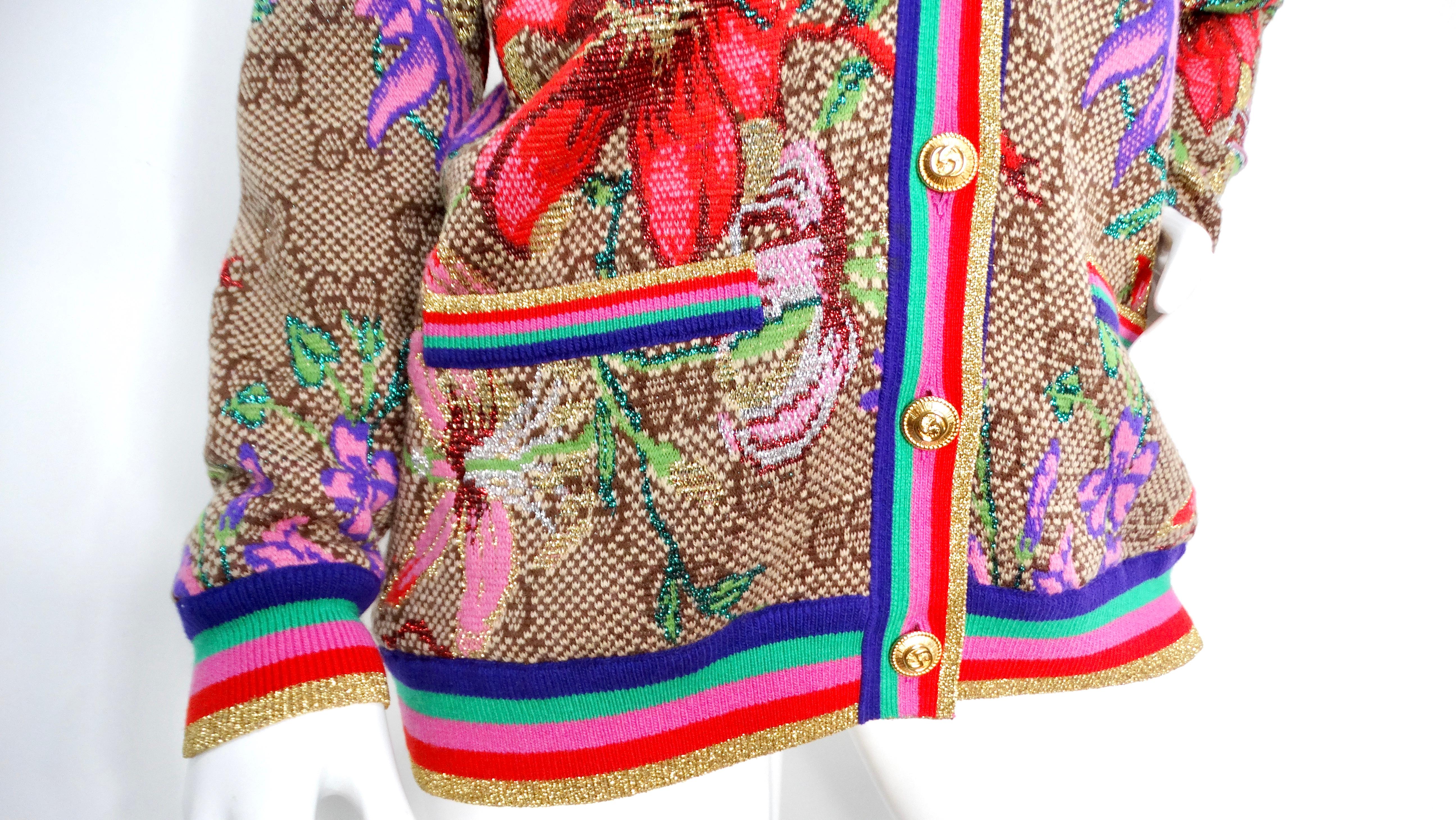 Marron Gucci Flora Rainbow GG Monogram Wool Jacquard Cardigan en vente