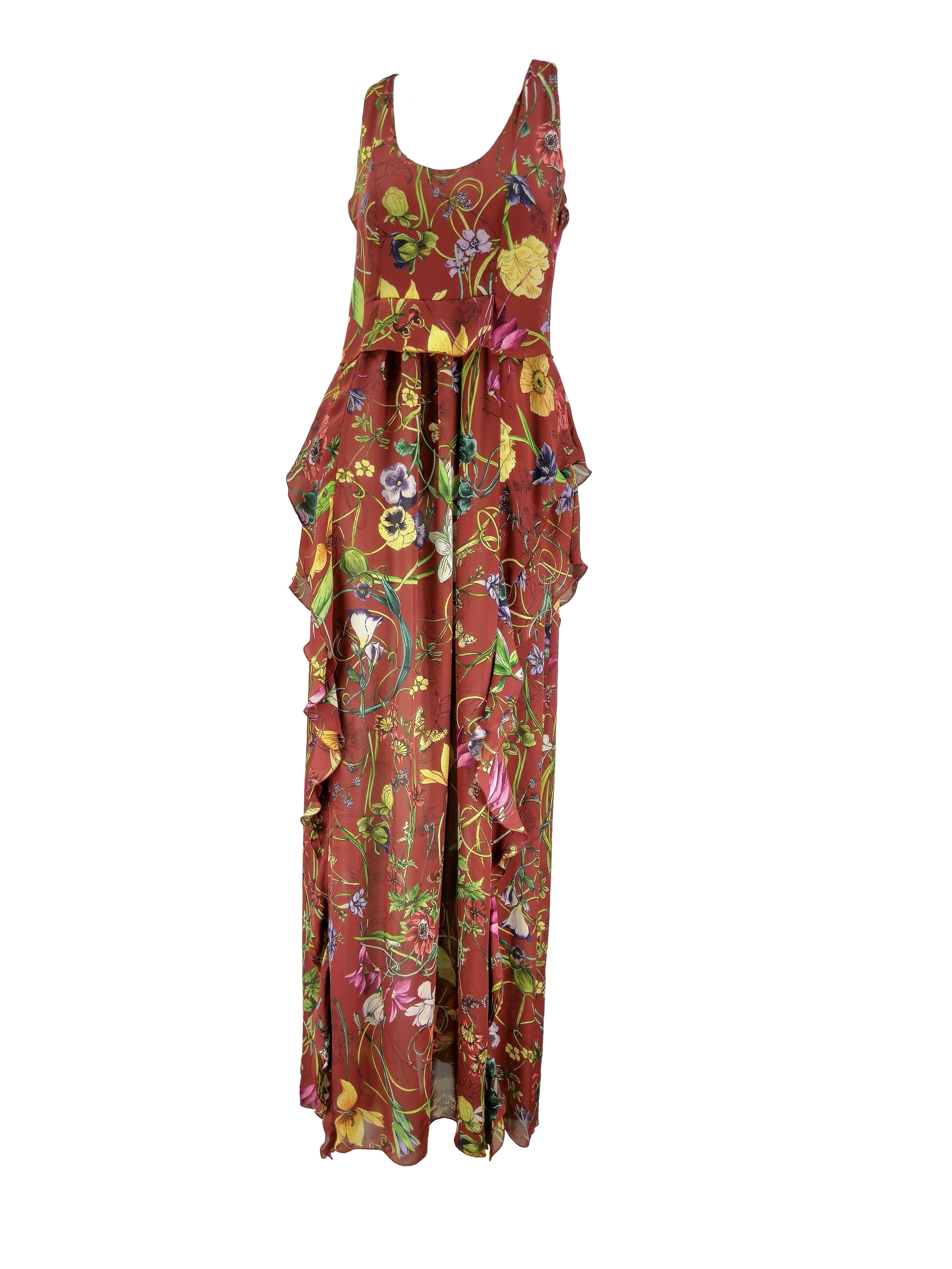 Vestido largo de seda GUCCI Flora Resort 2013 Marrón en venta