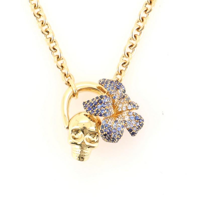 Women's Gucci Flora Skull Pendant Necklace 18K Yellow Gold with Sapphires