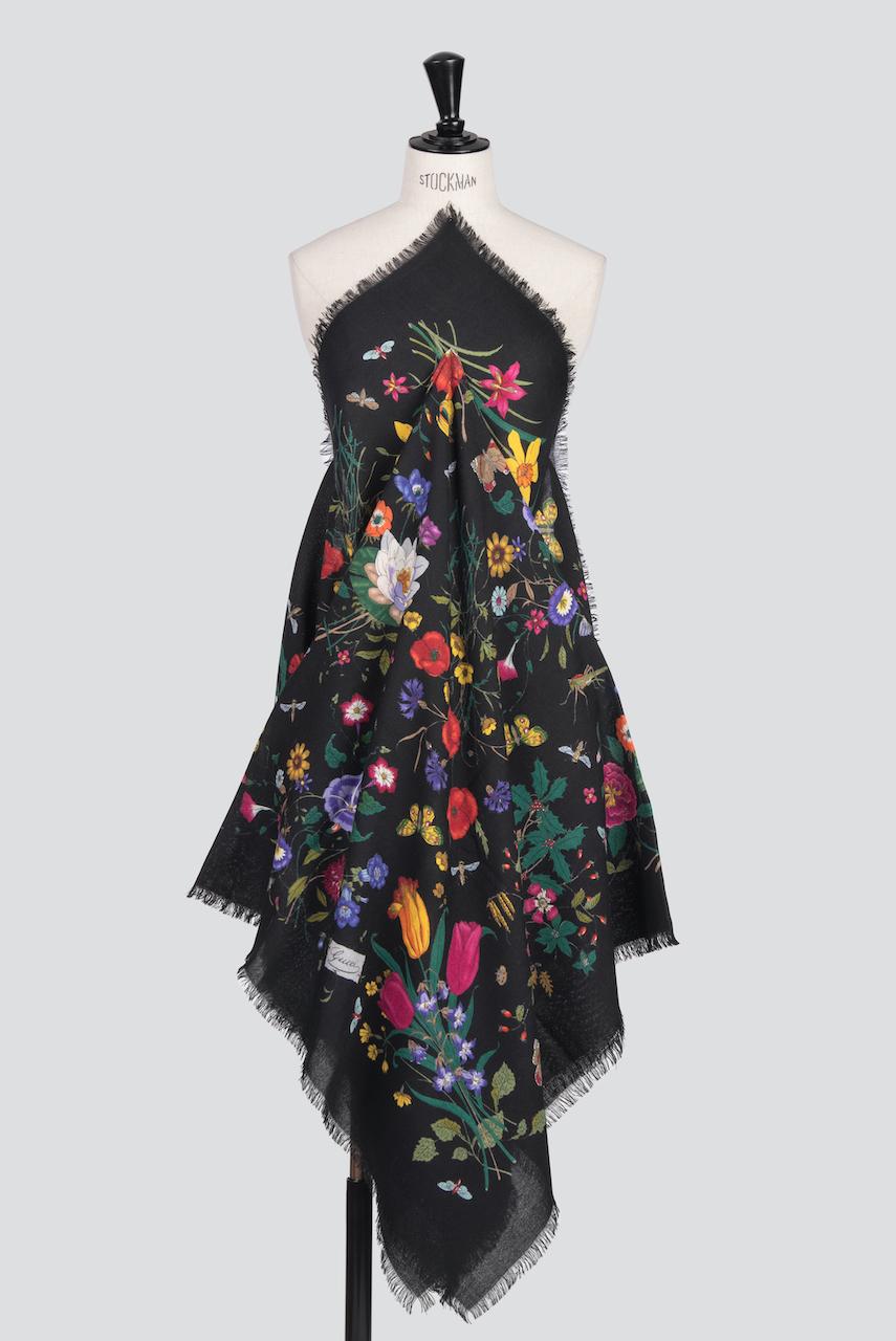 GUCCI Flora Vittorio Accornero Huge Multi Colored Floral Print Black Wool Scarf 1