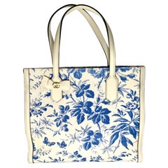  Gucci Flora Whites Canvas Leather Trim Navy Blue With Flowers  Tote Handbag 