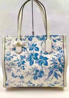 Gucci Flora Whites Canvas Leather Trim Navy Blue With Flowers  Tote Handbag