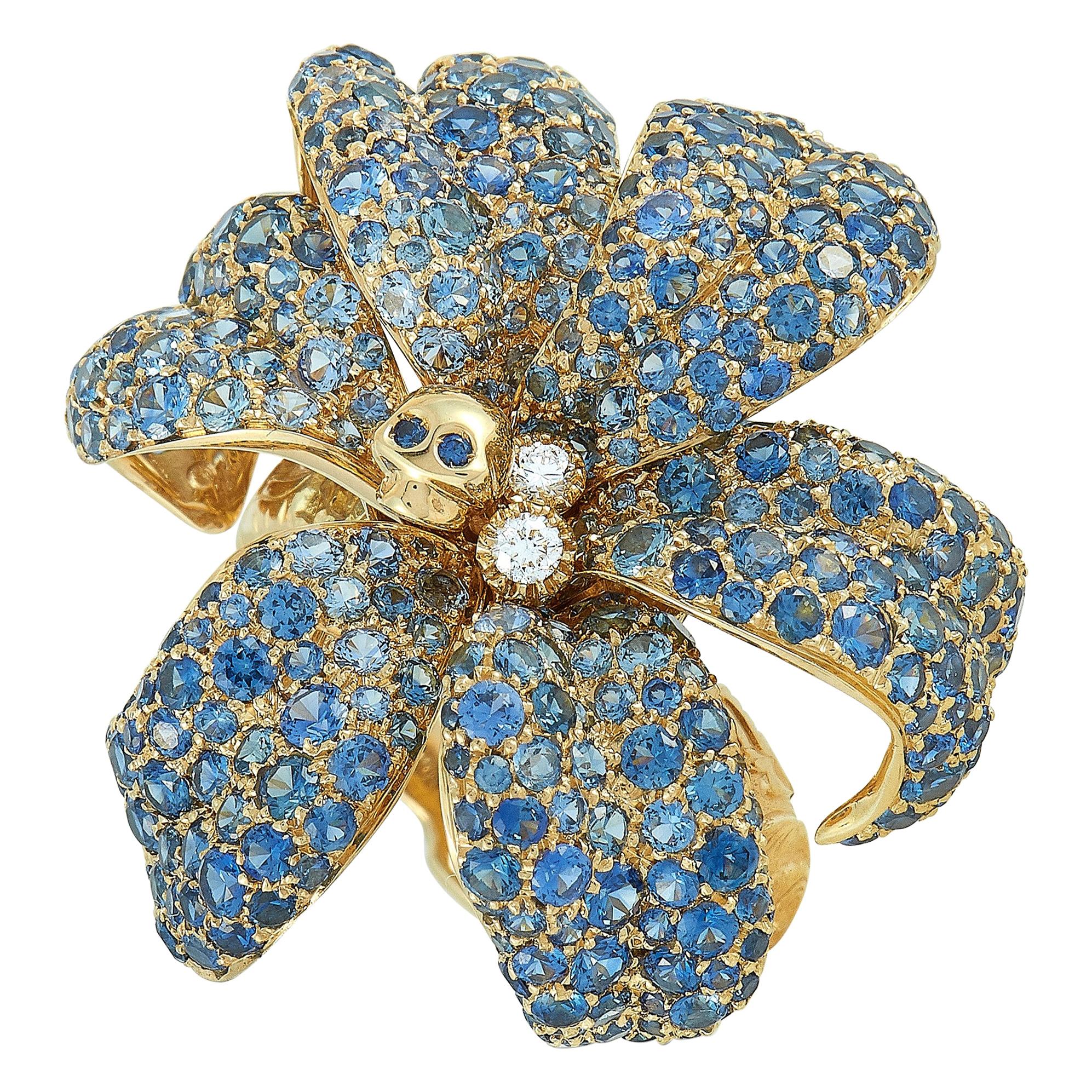 Gucci Flora Yellow Gold Diamond and Blue Sapphire Orchid Ring