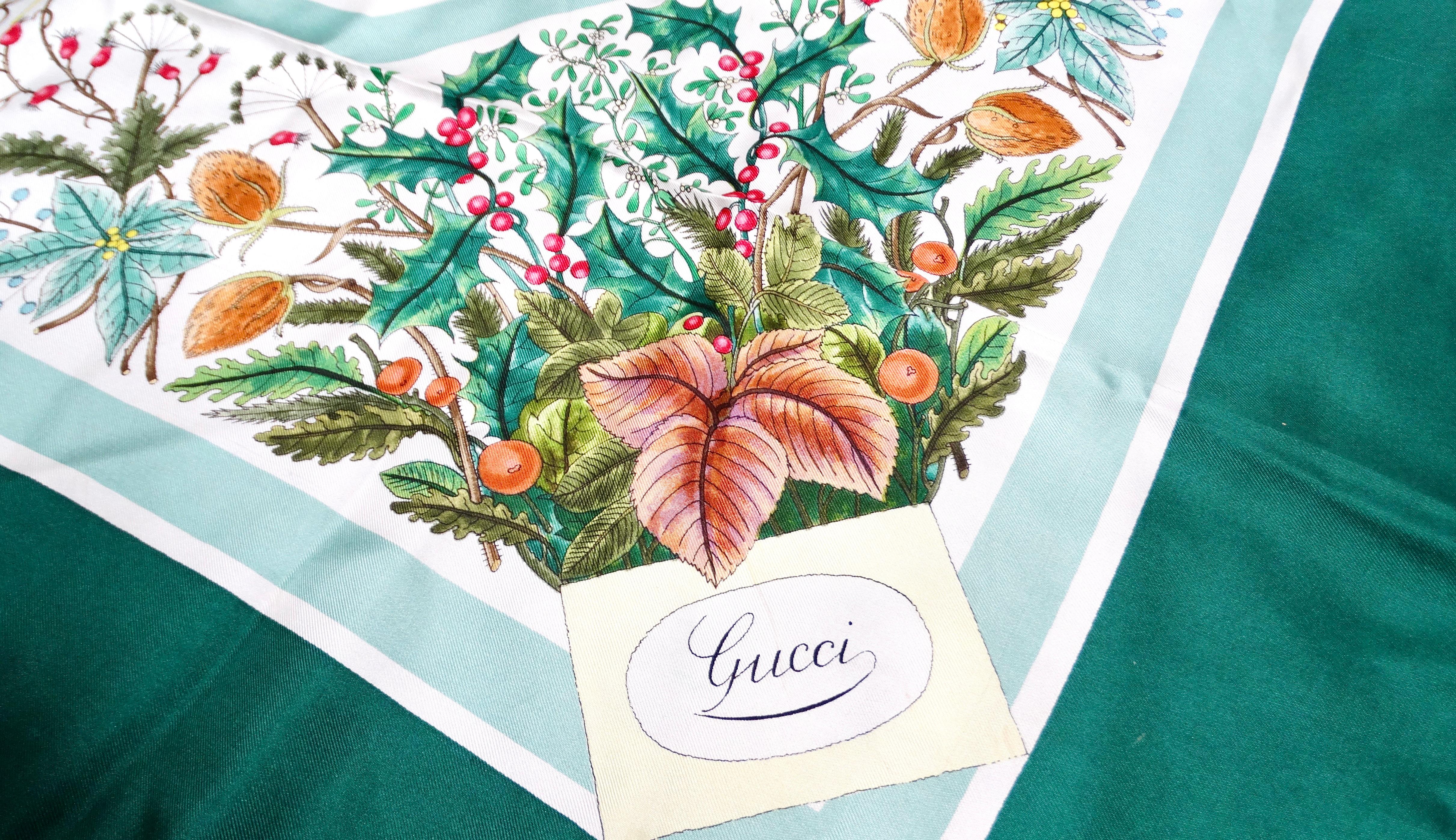 Gray Gucci Floral Bouquet Silk Green & White Scarf For Sale
