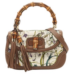 Gucci Floral Canvas and Leather Medium Tassel New Bamboo Top Handle Bag