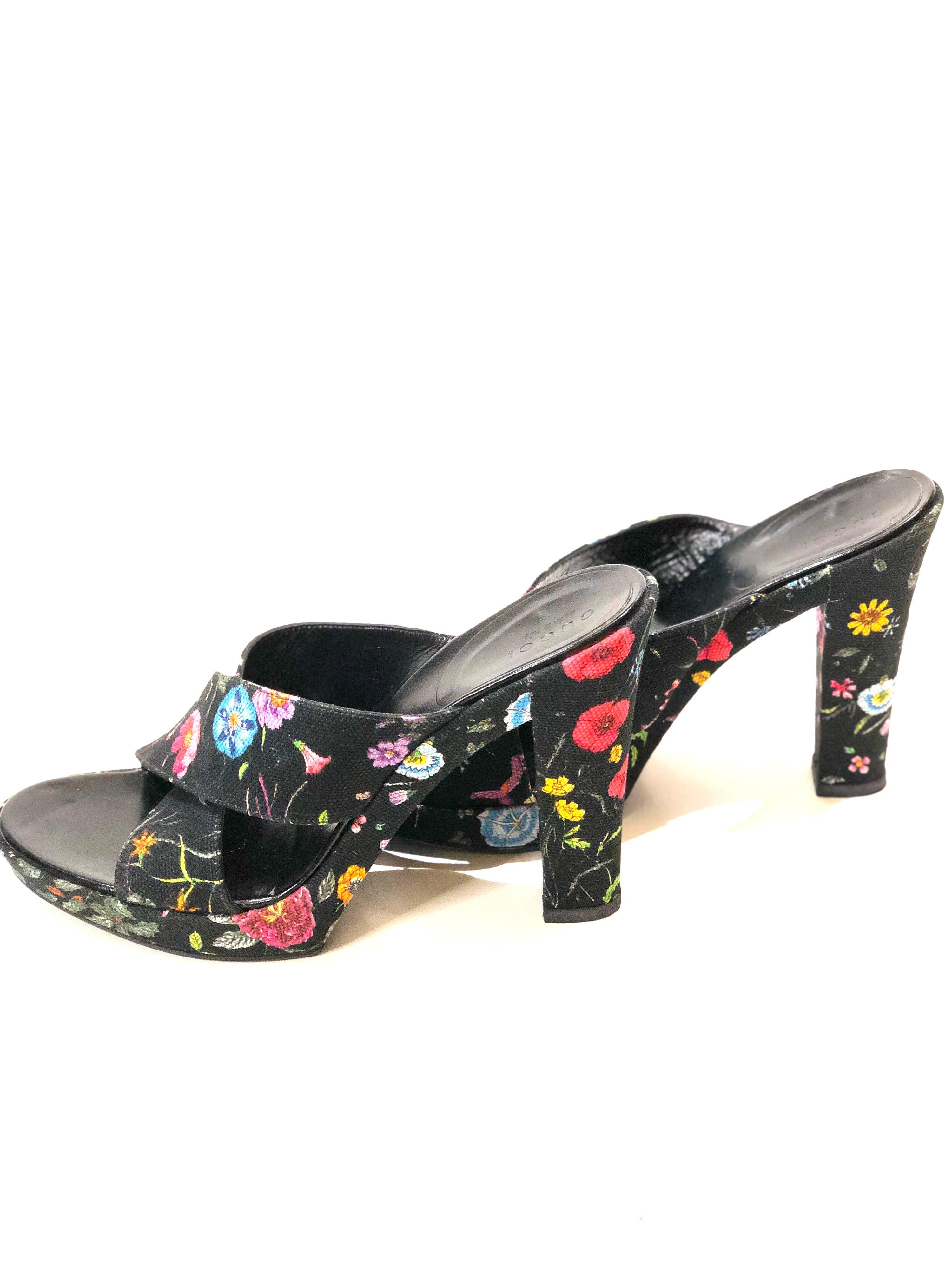 Black Gucci Floral Canvas Sandals Mules For Sale