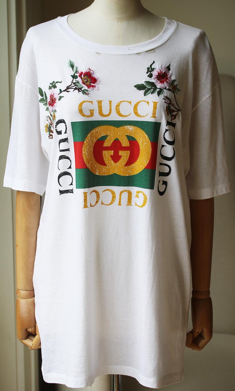 Gucci Floral-Embroidered Logo Distressed Cotton T-Shirt at 1stDibs