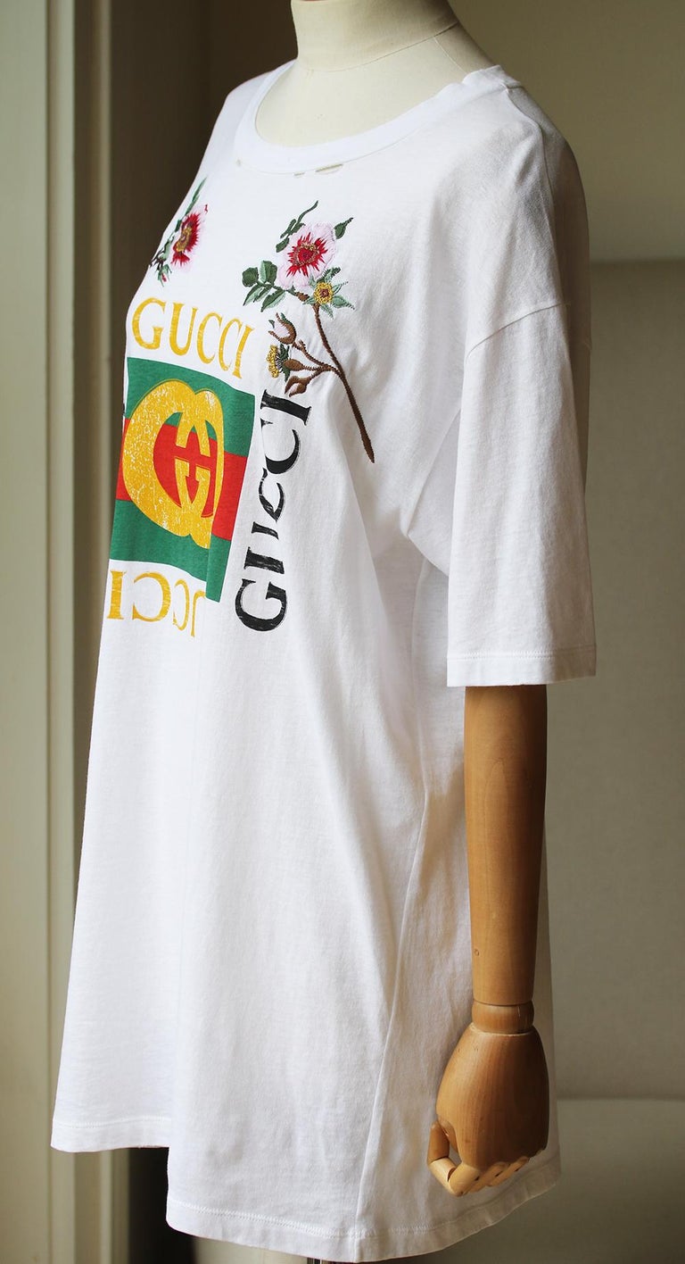 Gucci Floral-Embroidered Logo Distressed Cotton T-Shirt at Gucci Floral-Embroidered Logo Distressed Cotton T-Shirt at