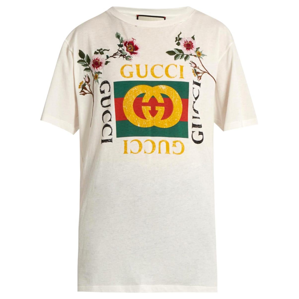 Gucci Floral-Embroidered Logo Distressed Cotton T-Shirt at 1stDibs