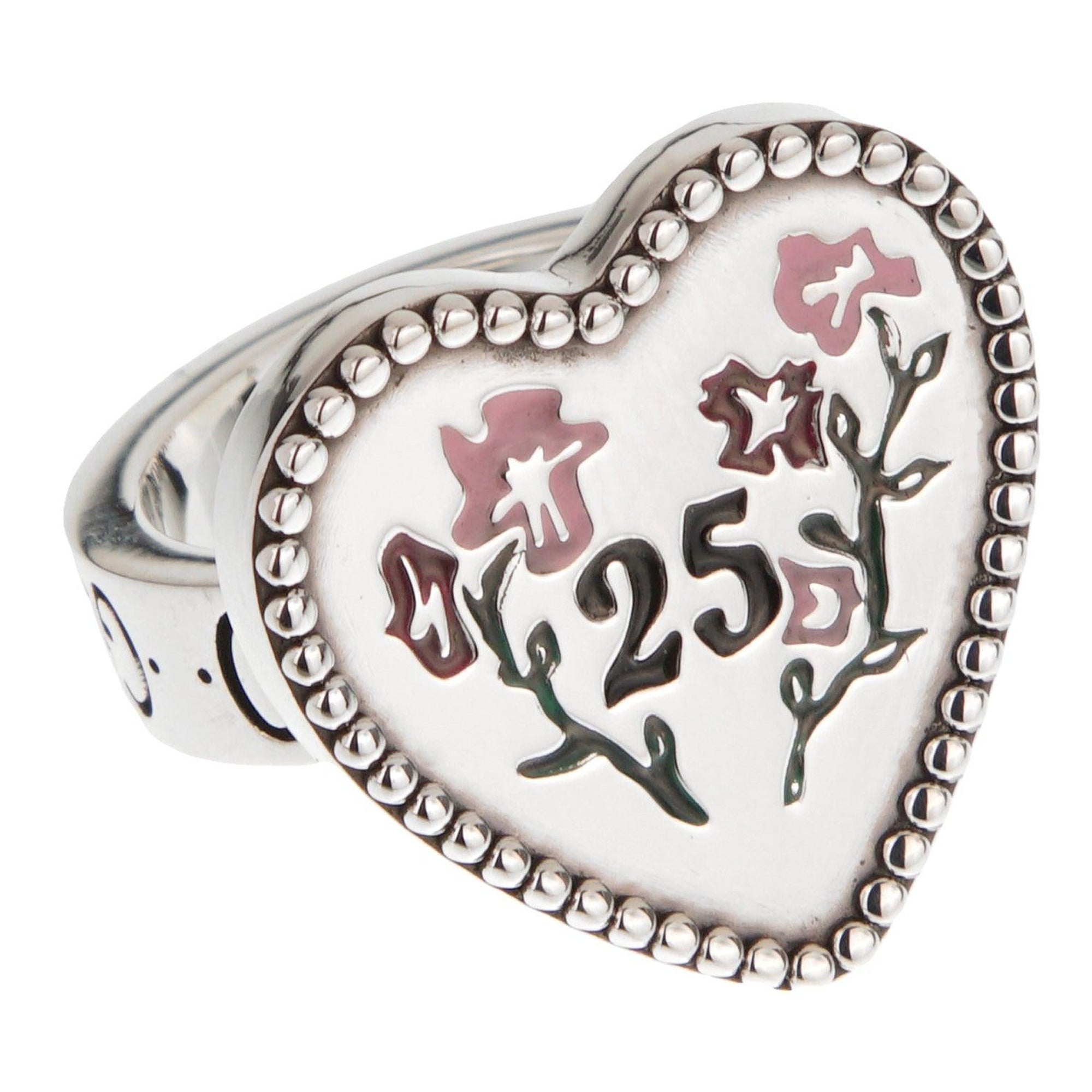 Gucci Floral Enamel Sterling Silver Ring Size 4 1/4