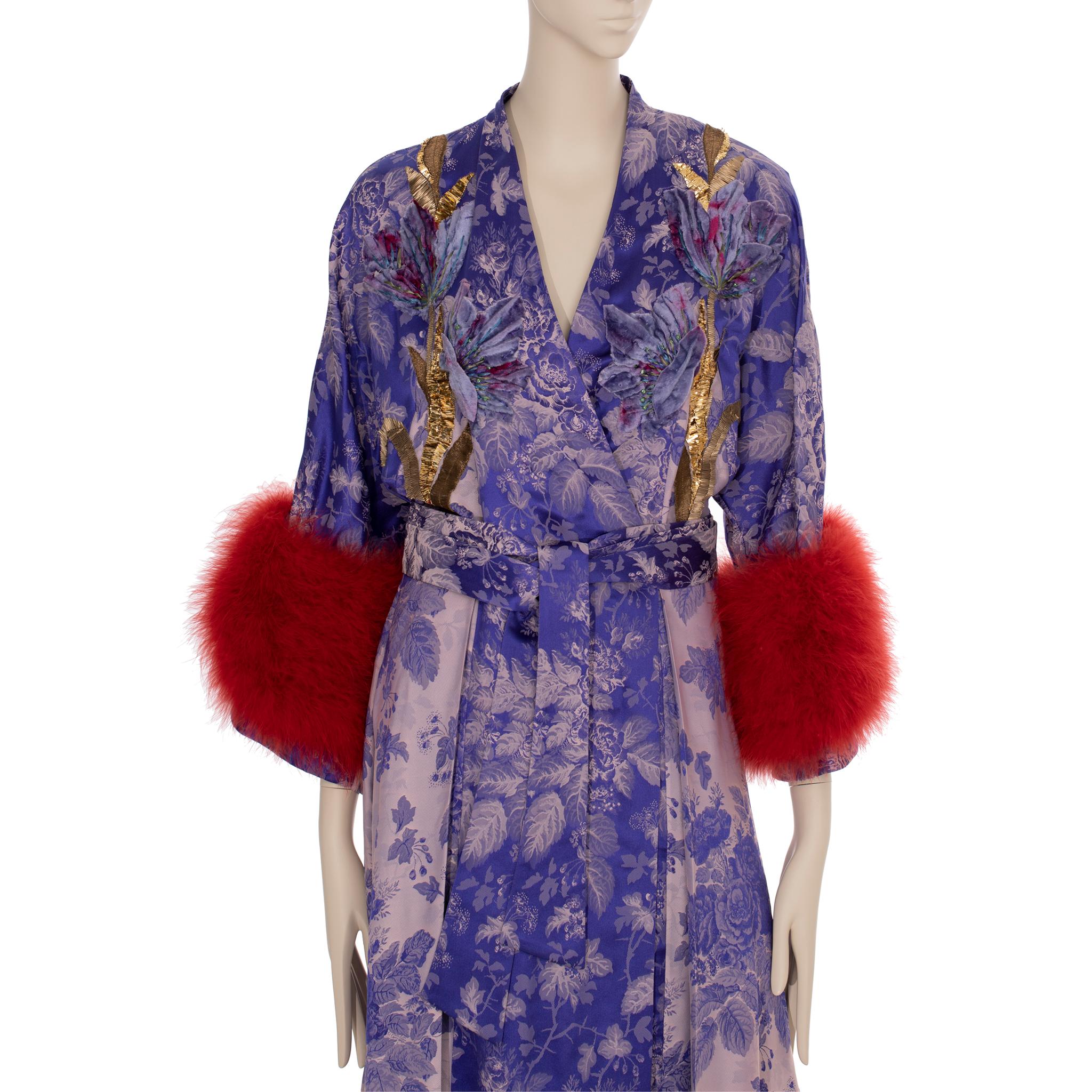 Women's Gucci Floral Jacquard Wrap Dress With Ostrich Feathers 38 It For Sale