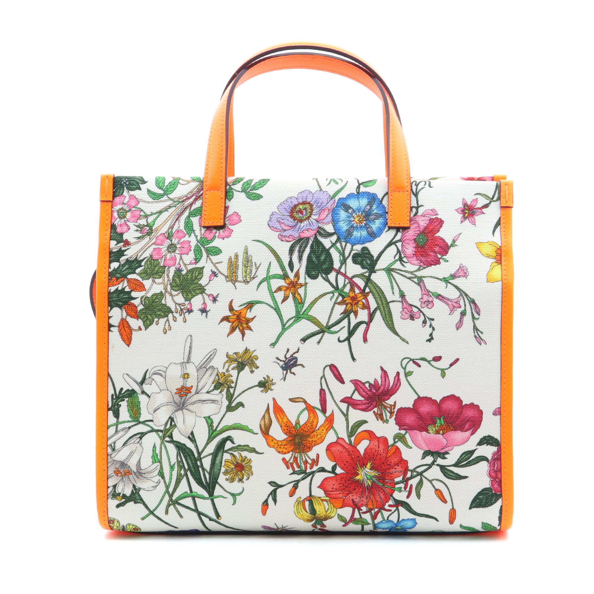 Gucci Floral Medium Orange mit Lederbesatz und bedrucktem Canvas Tote Bag (Beige)