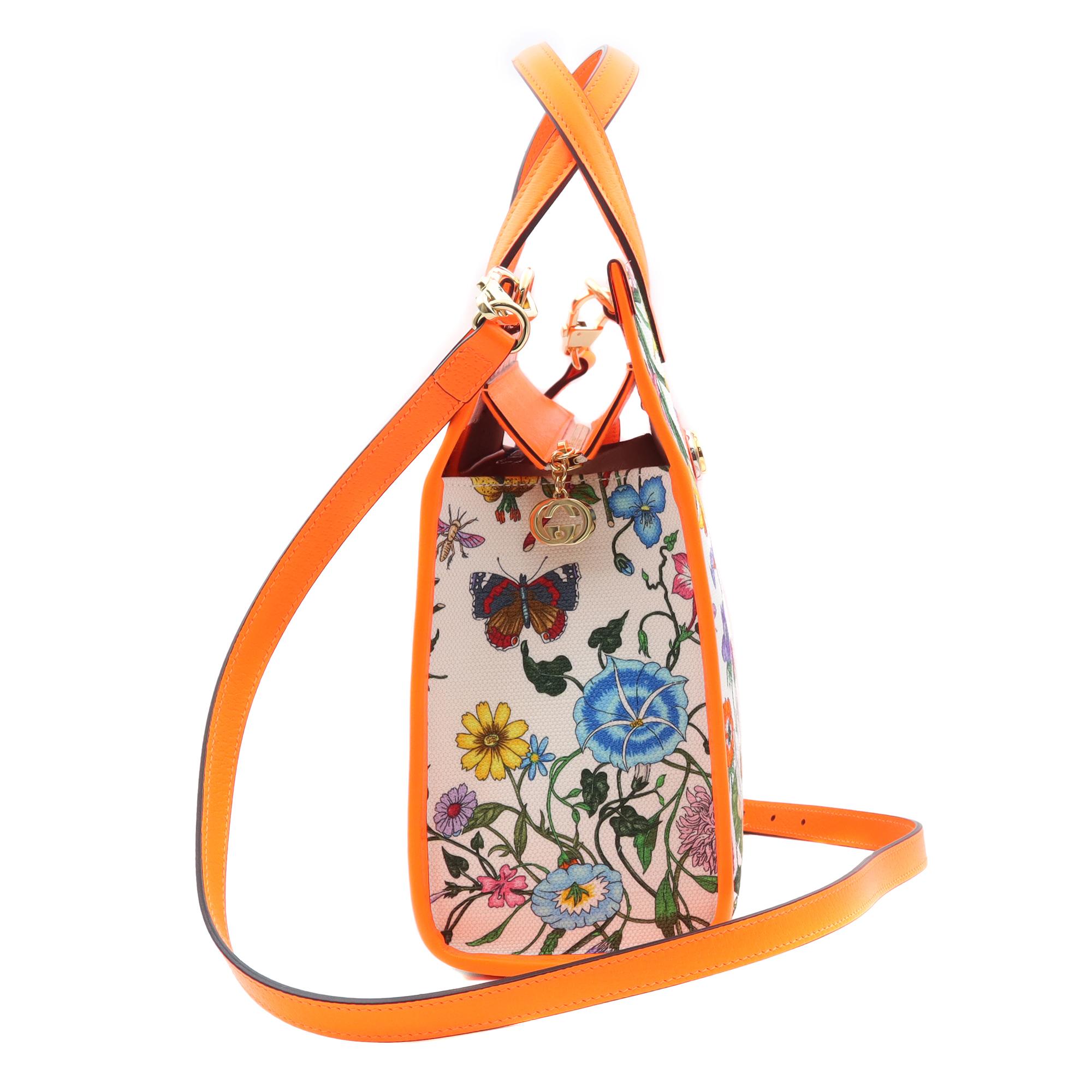 Gucci Floral Medium Orange Leather Trimmed Printed Canvas Tote Bag at ...