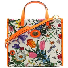 Gucci Floral Medium Orange Leather Trimmed Printed Canvas Tote Bag