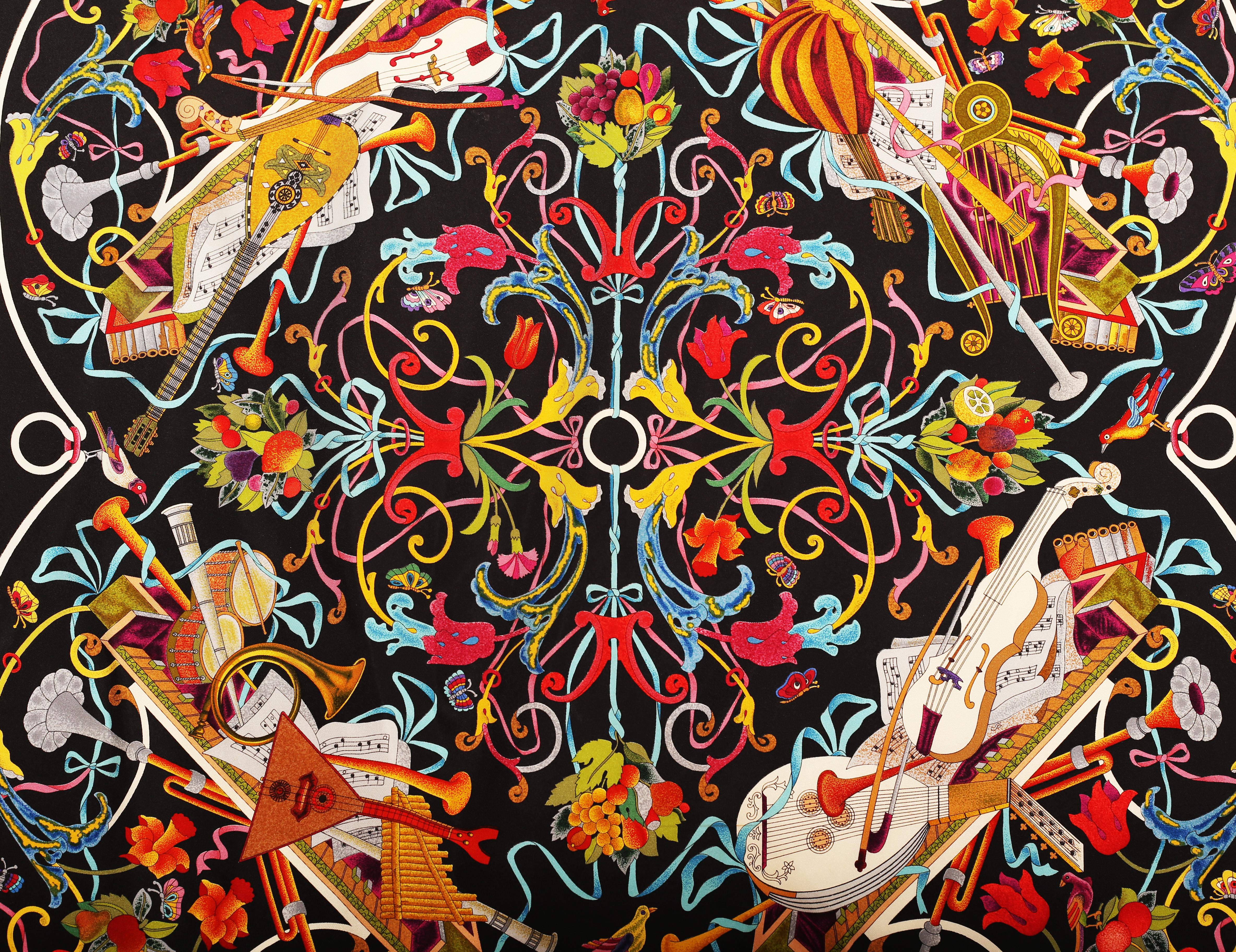 Black Gucci Floral Music String Instrument Silk Scarf 1990