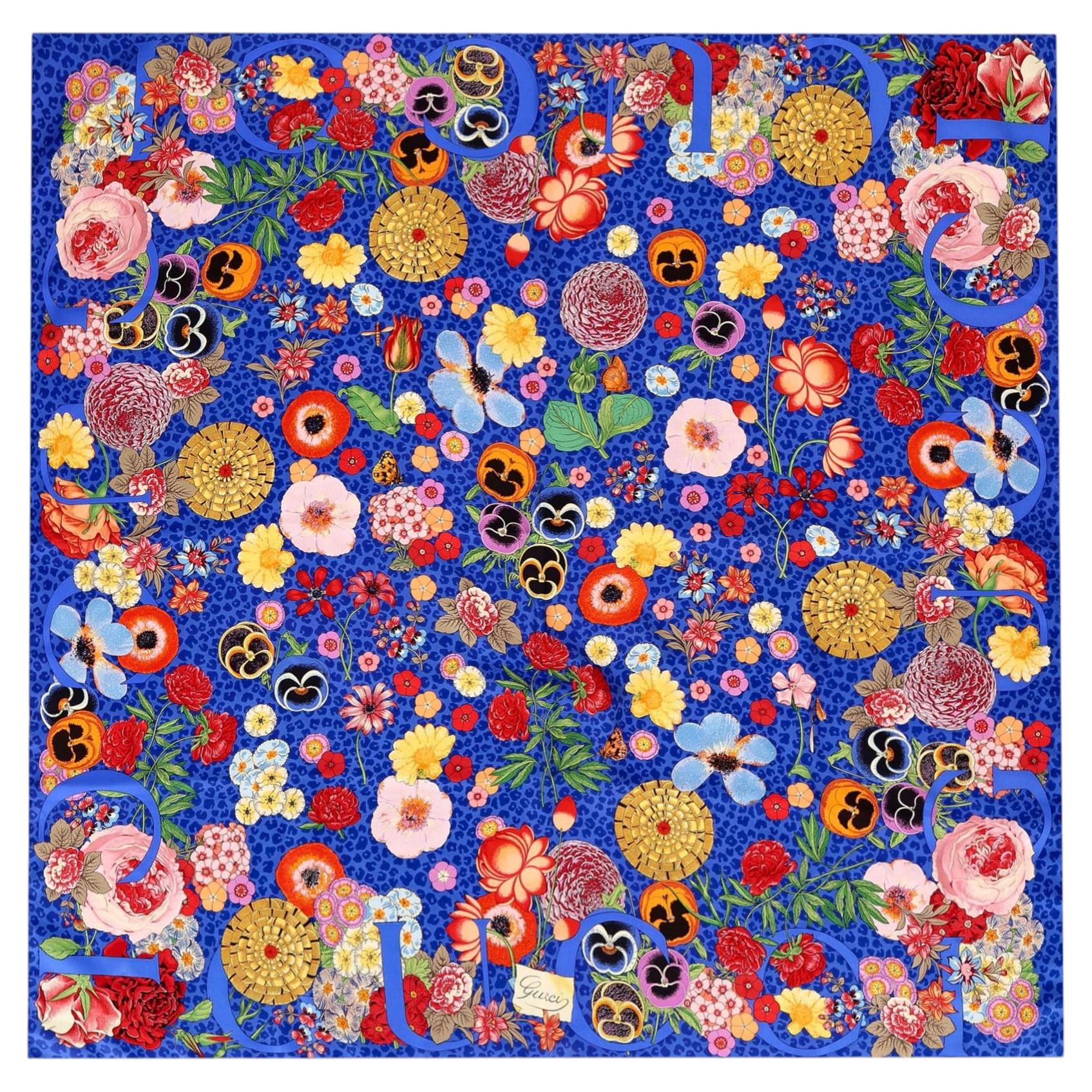 Gucci Floral Pansy Leopard Silk Scarf