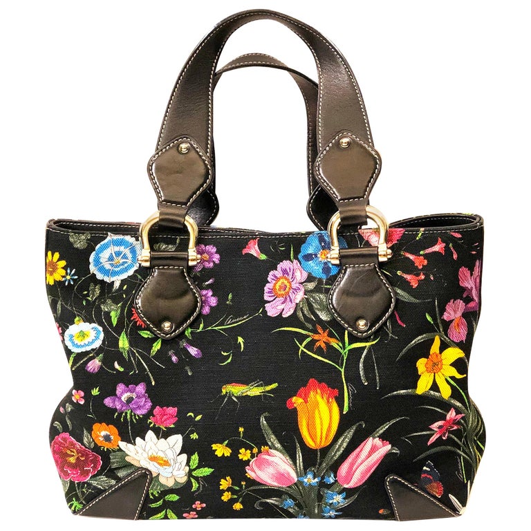 Gucci Floral Print Canvas Handbag For Sale