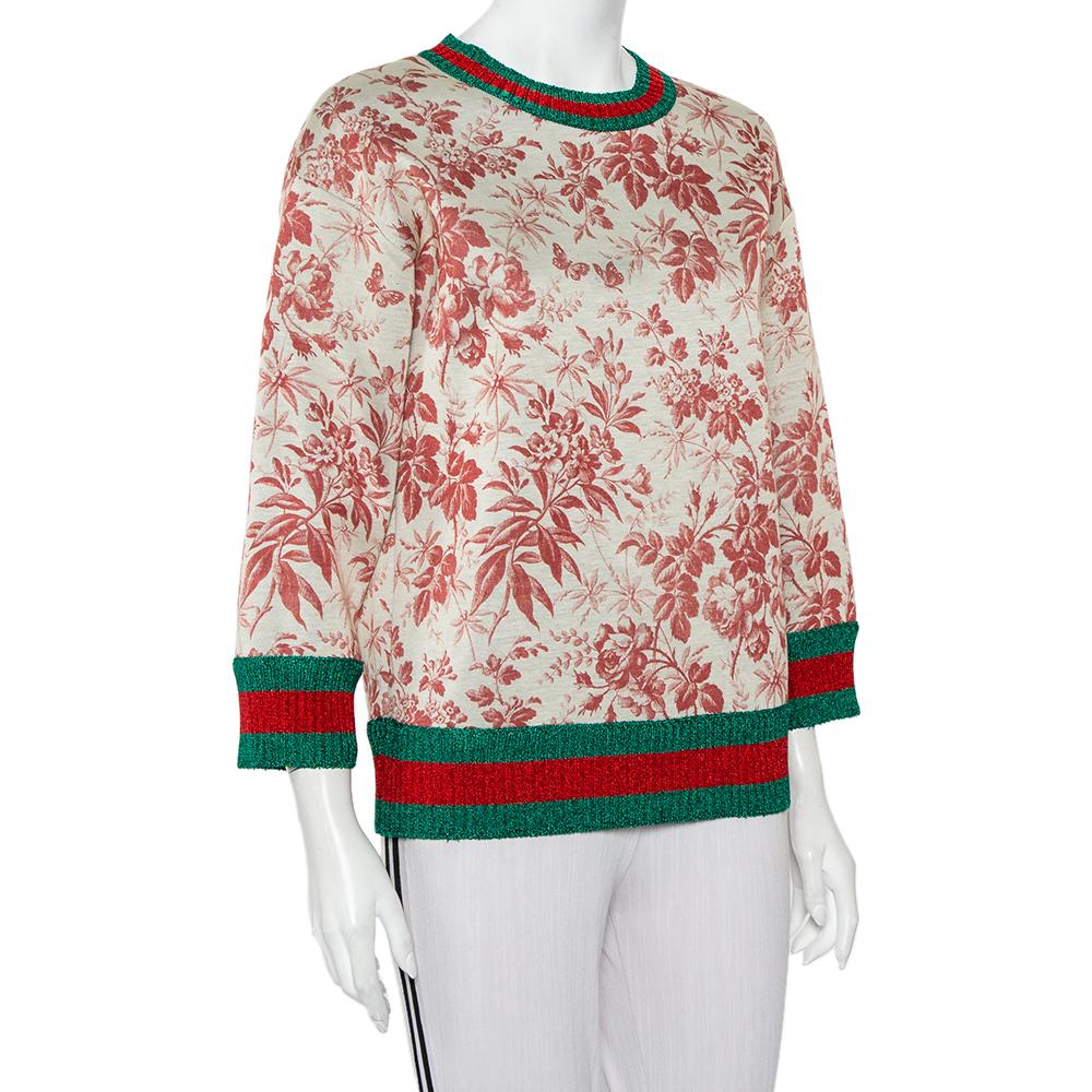 Beige Gucci - Felpa in neoprene con stampa floreale e bordi a contrasto - S