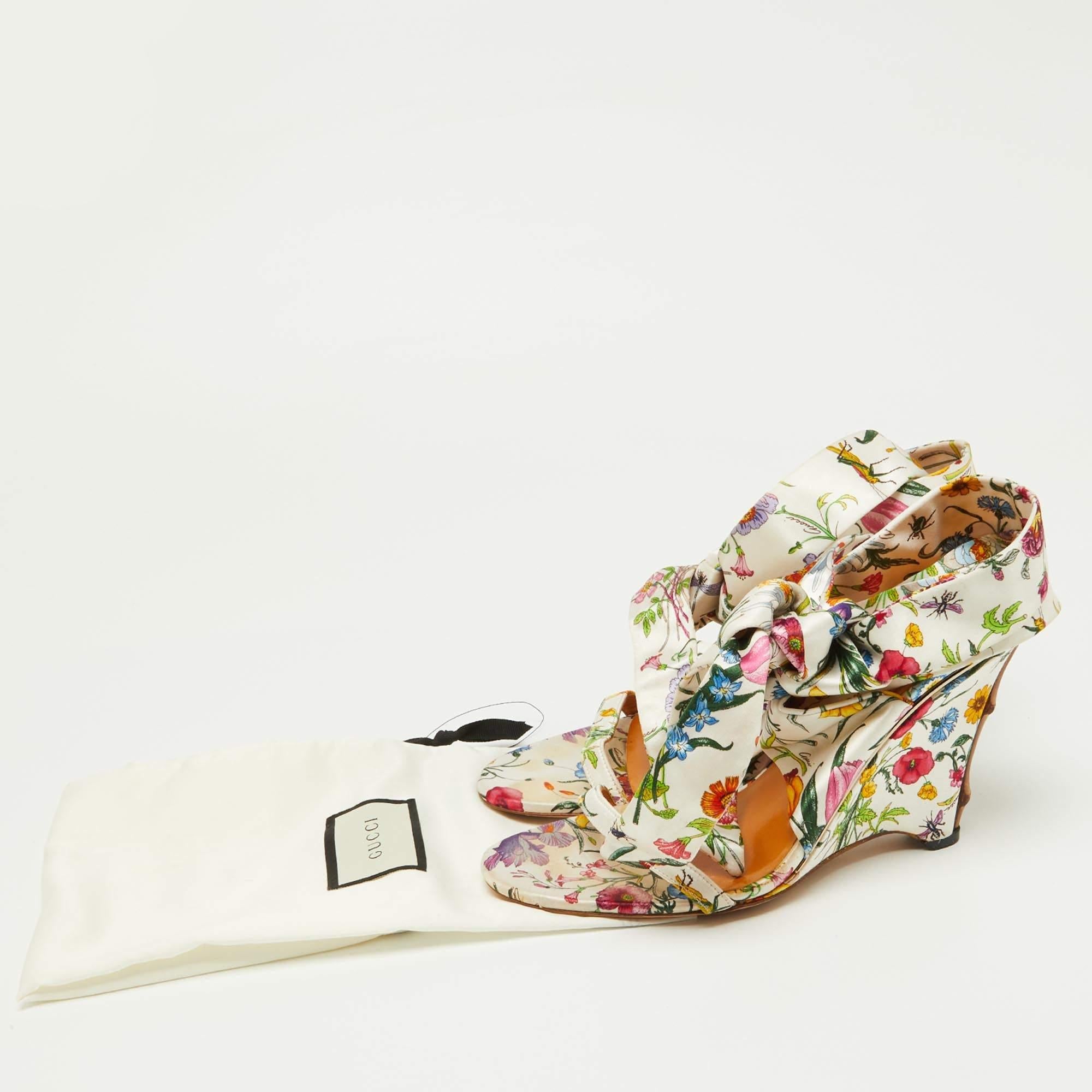 Gucci Floral Printed Satin Ankle Strap Wedge Sandals Size 38.5 For Sale 5