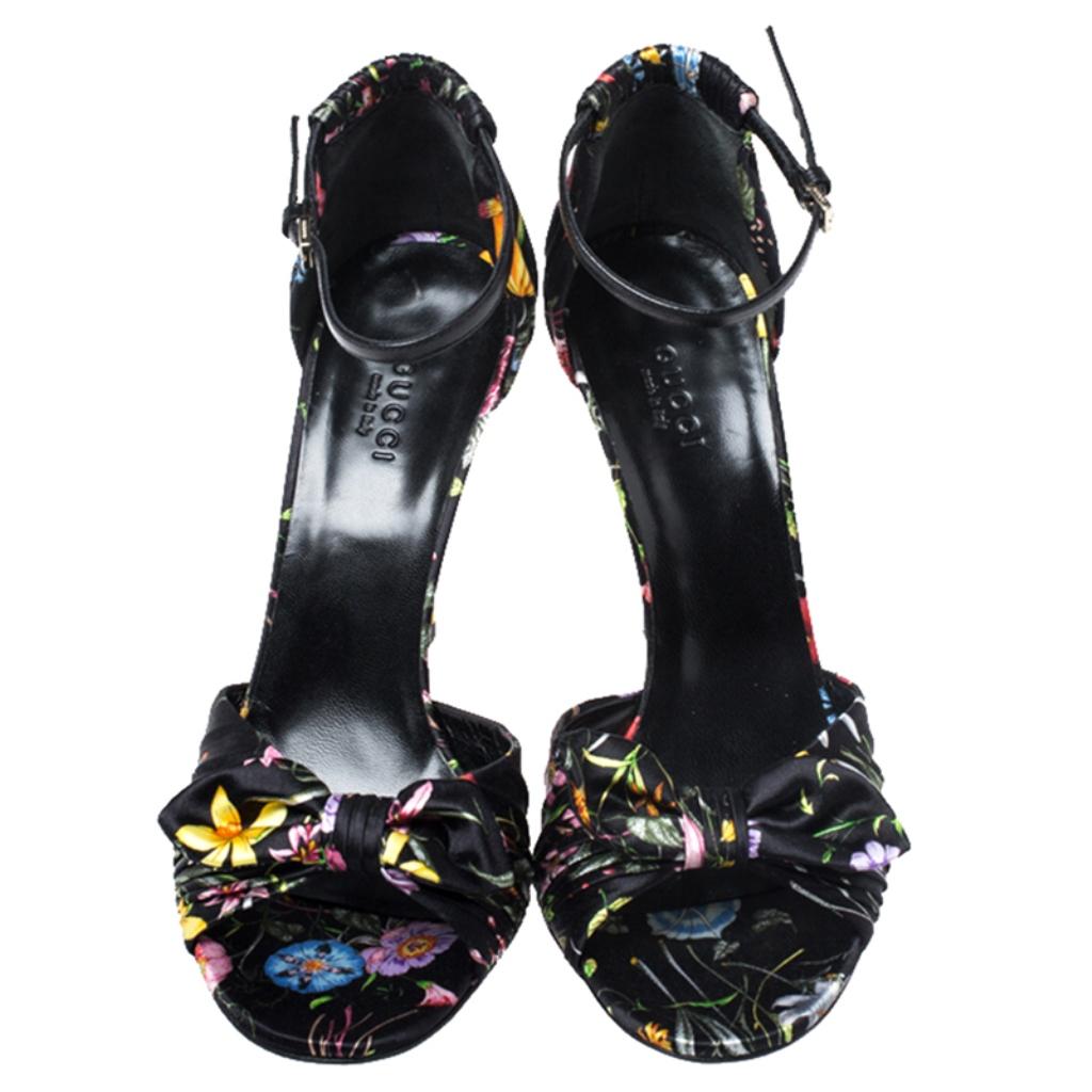 Black Gucci Floral Printed Silk Bow Ankle Strap Ruffle Detail Sandals Size 38