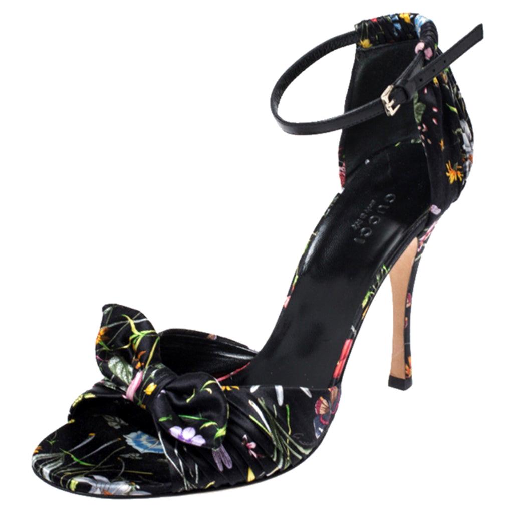 Gucci Floral Printed Silk Bow Ankle Strap Ruffle Detail Sandals Size 38