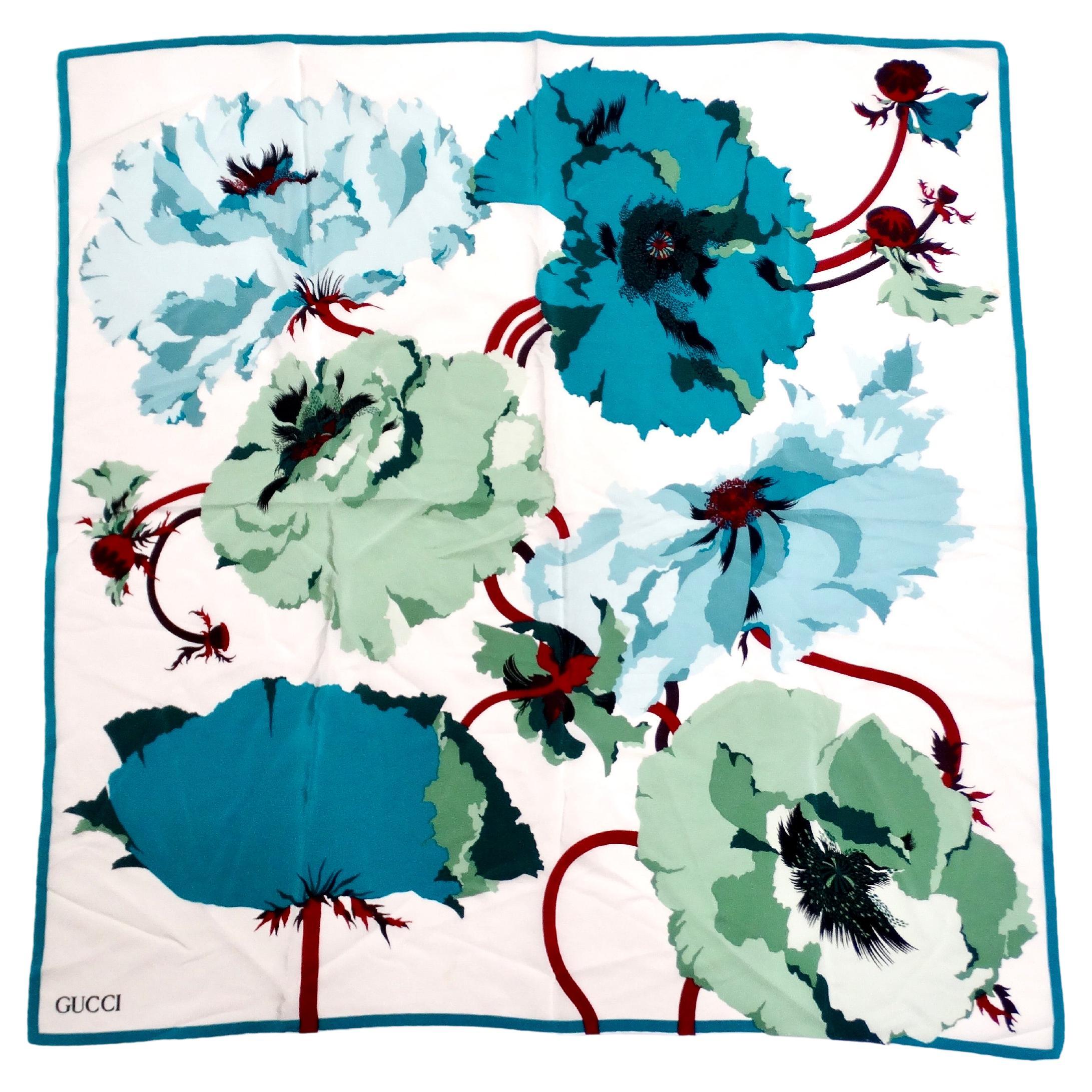 Sciarpa Gucci con motivo floreale in seta blu e verde con papaveri in vendita