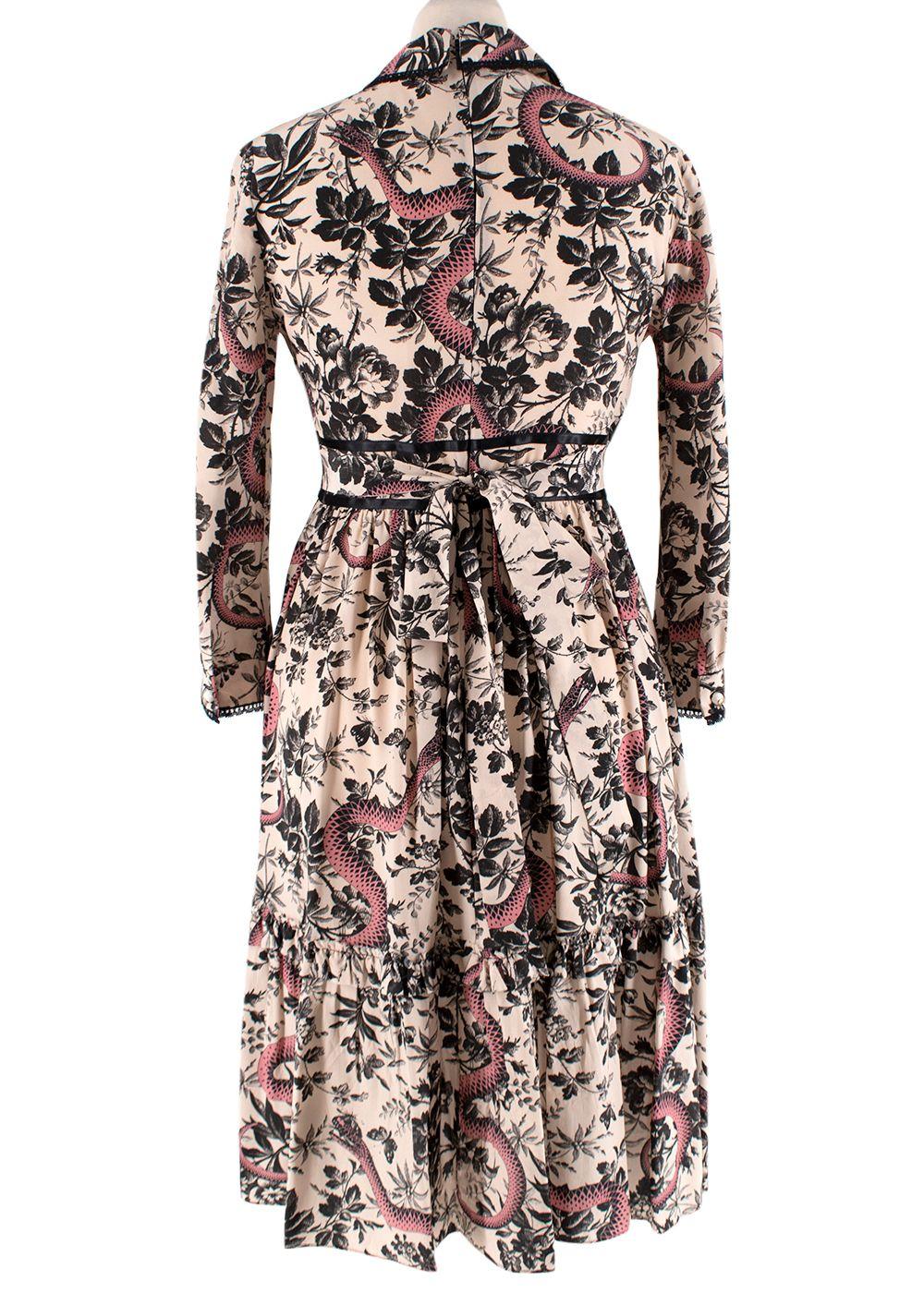 Vestido midi con volantes y estampado floral de serpiente Gucci - US 2 Marrón en venta