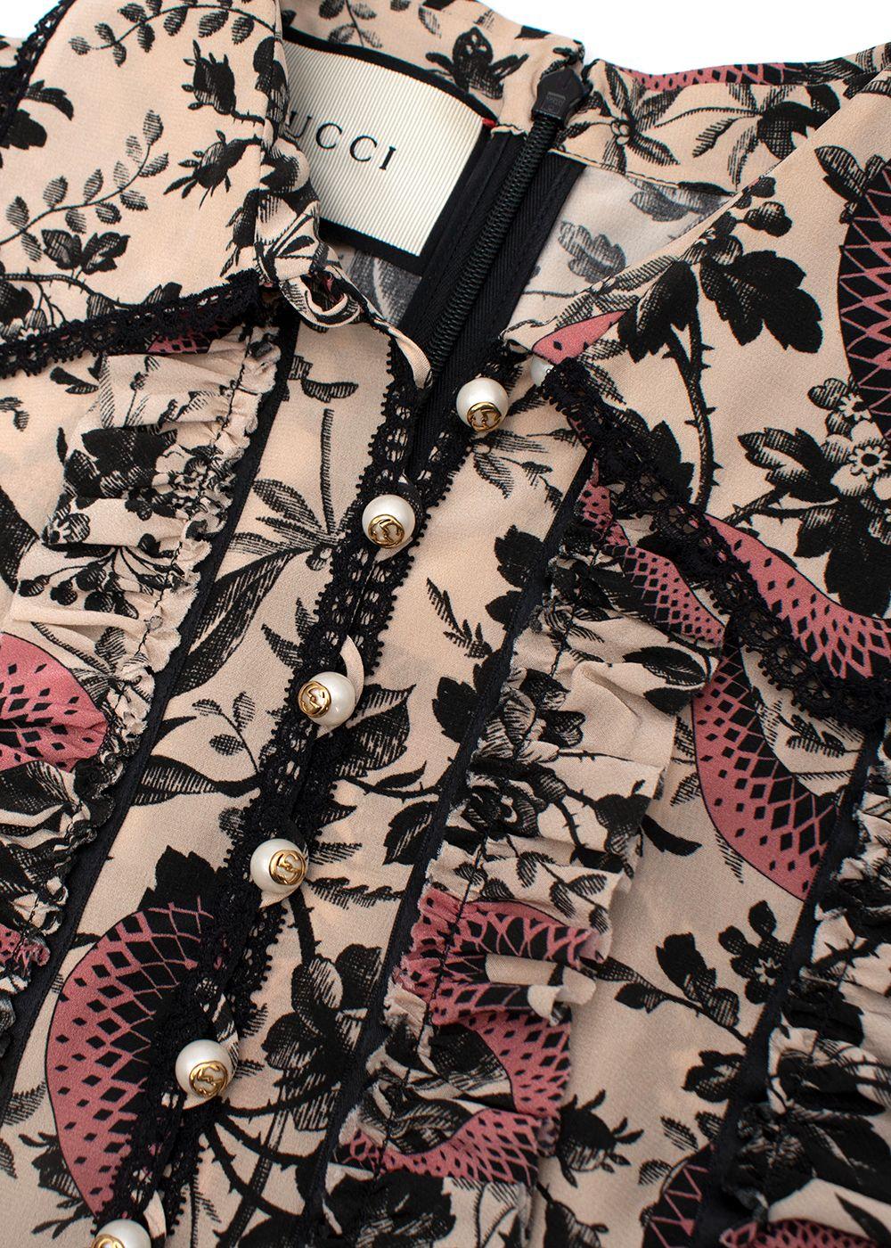 Vestido midi con volantes y estampado floral de serpiente Gucci - US 2 en venta 1