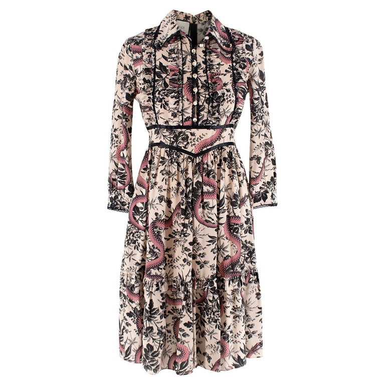 Gucci Floral Snake Print Ruffle Midi Dress - US 2 For Sale