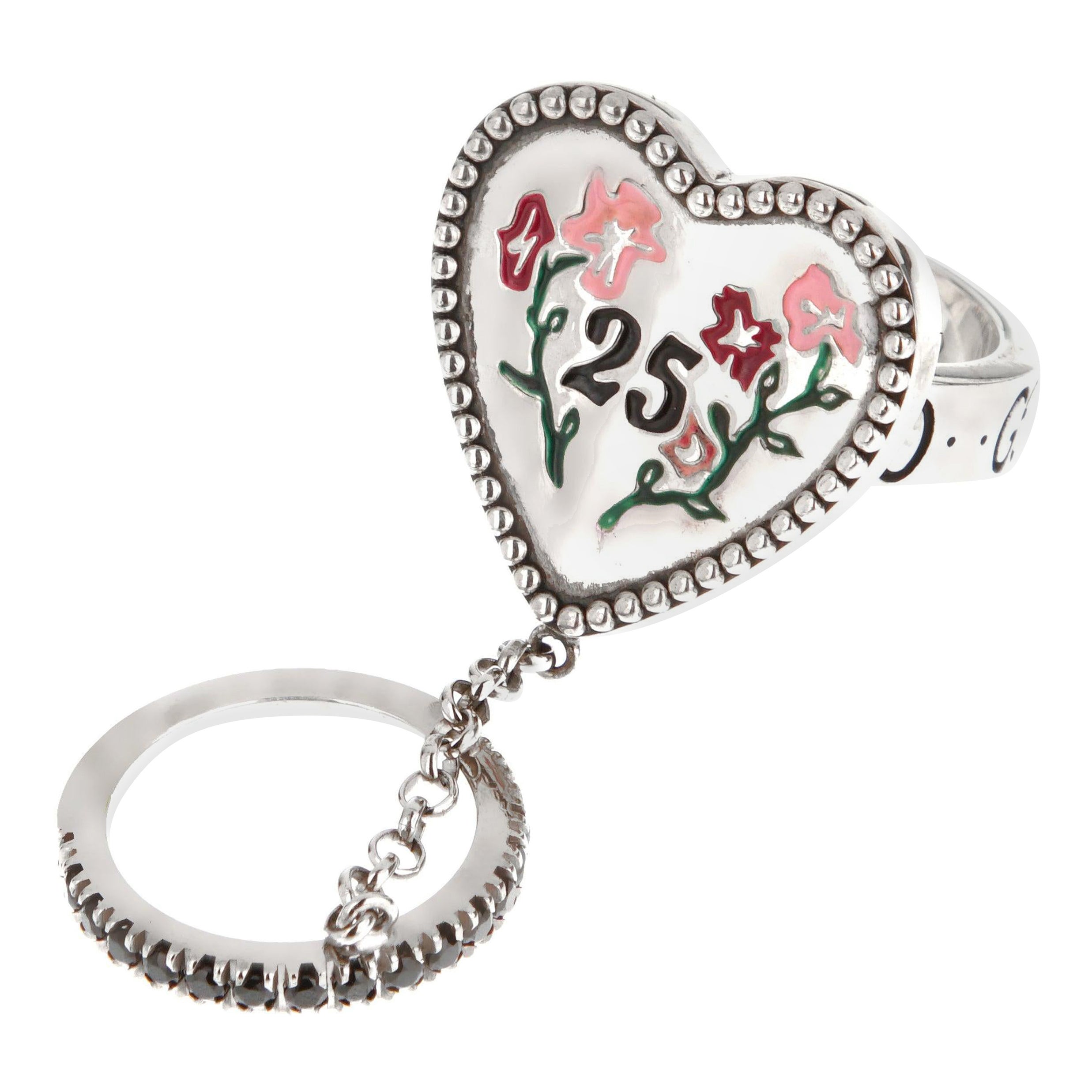 Gucci Floral Sterling Silver Enamel Black Spinel Double Ring Sz 5 For Sale