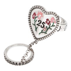 Gucci Floral Sterling Silver Enamel Black Spinel Double Ring Sz 5