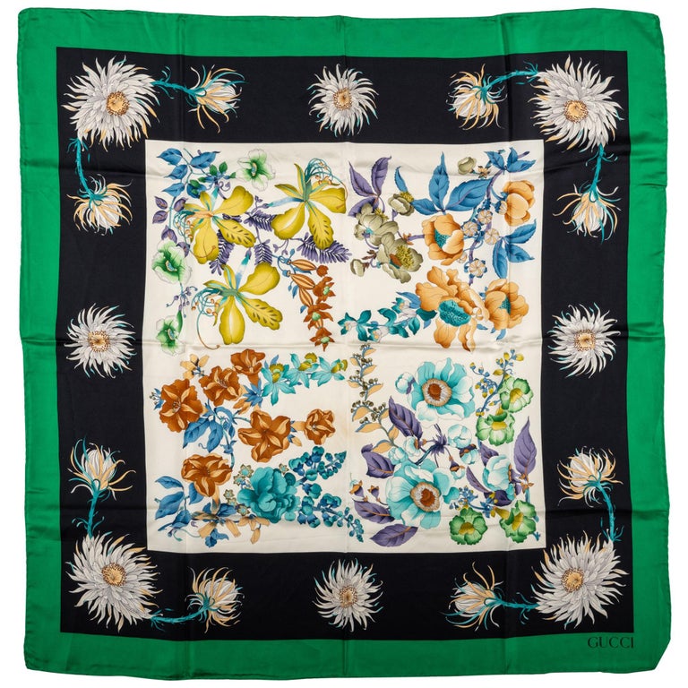 Gucci Flower Silk Scarf With Green Trim For Sale at 1stDibs