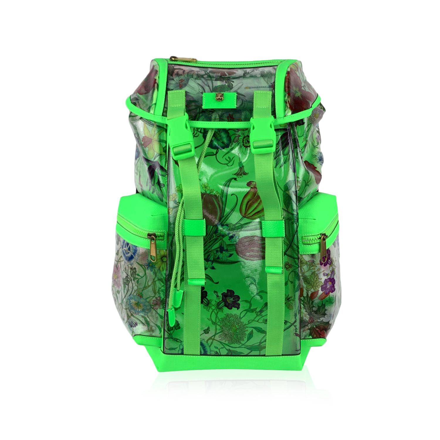 Gucci Fluo Green Clear PVC Floral Large Backpack Never Used 2