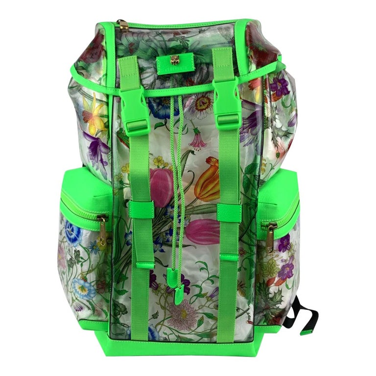 Gucci Fluo Green Clear PVC Floral Large Backpack Never Used For