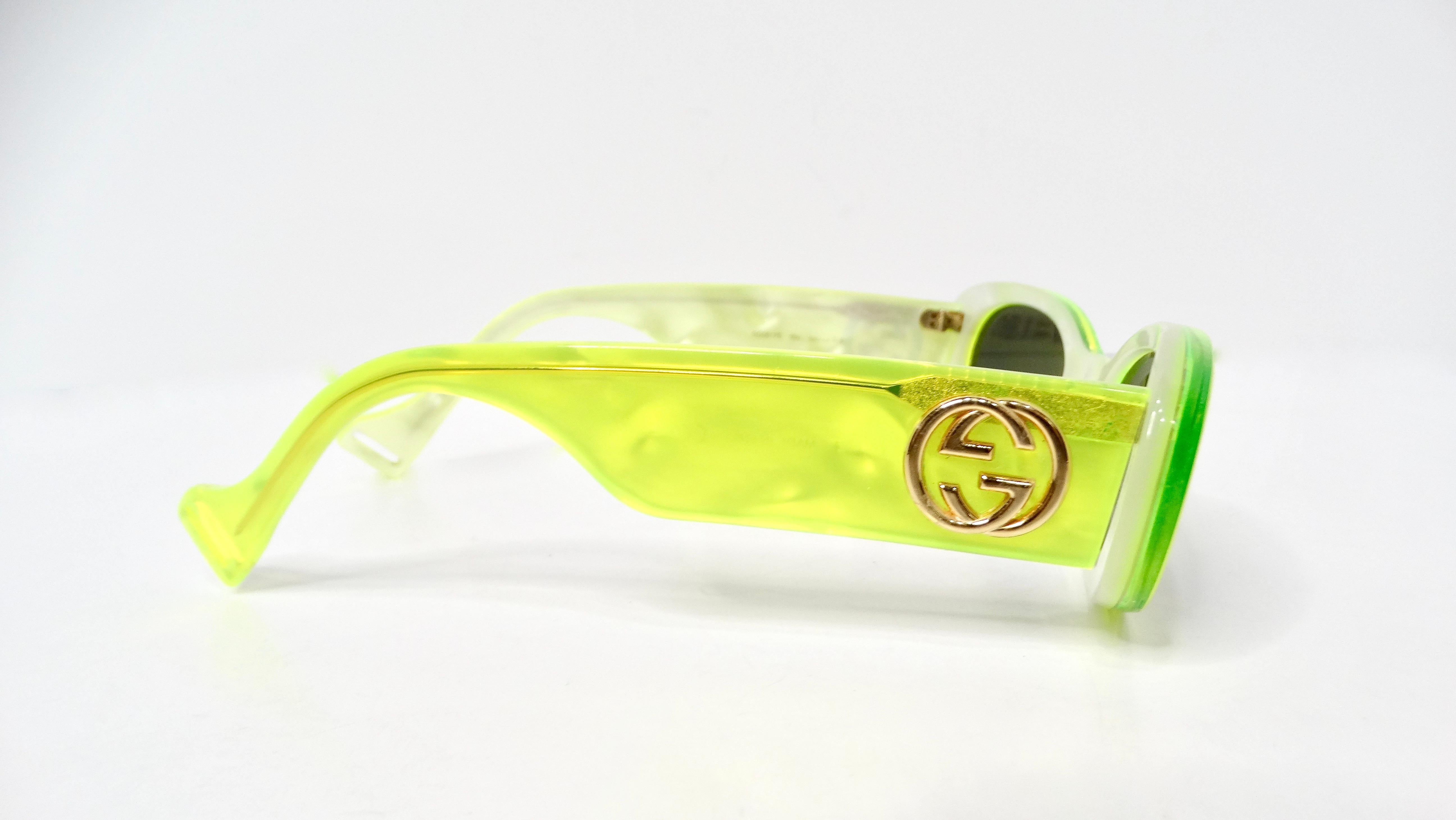 Gucci Fluorescent Neon Yellow Acetate Rectangular Tinted Sunglasses For Sale 2