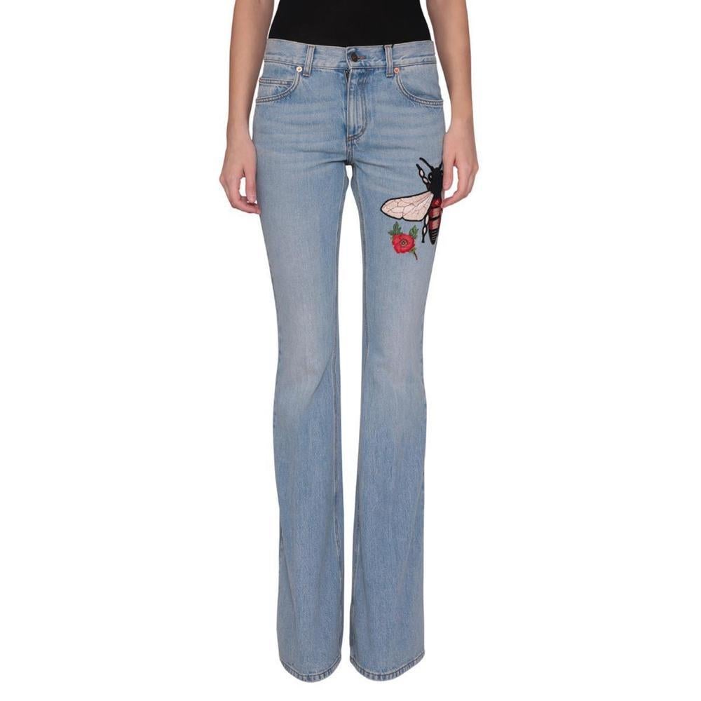 Gucci Fly Embroidered Flared Cotton Jeans sz 28 In New Condition For Sale In Brossard, QC
