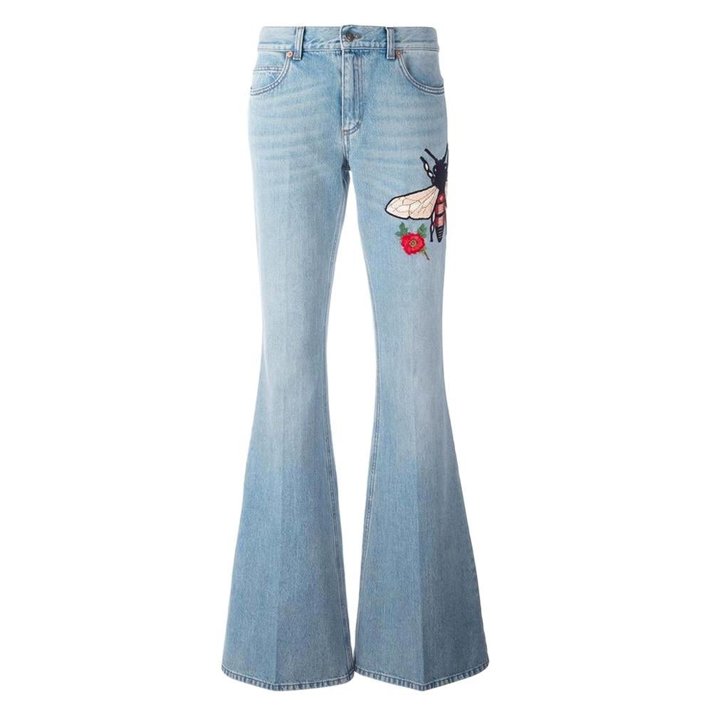 Gucci Fly Embroidered Flared Cotton Jeans sz 28 For Sale
