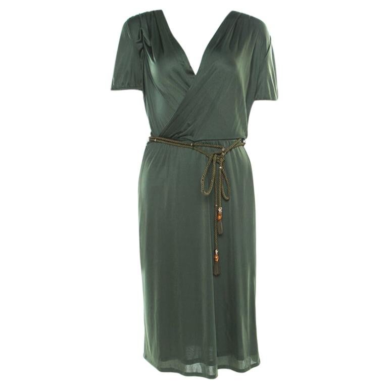 Gucci Forest Green Plunge Neck Belted Wrap Dress M For Sale at 1stDibs ...