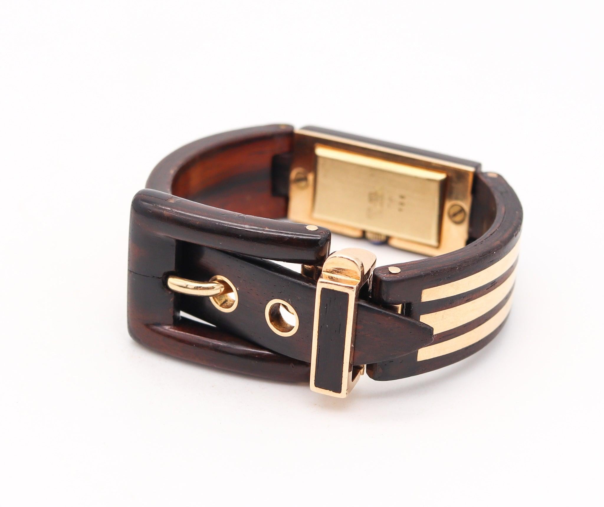 Modernist GUCCI France 1968 Buckle Bracelet Wristwatch Precious Wood And 18Kt Yellow Gold
