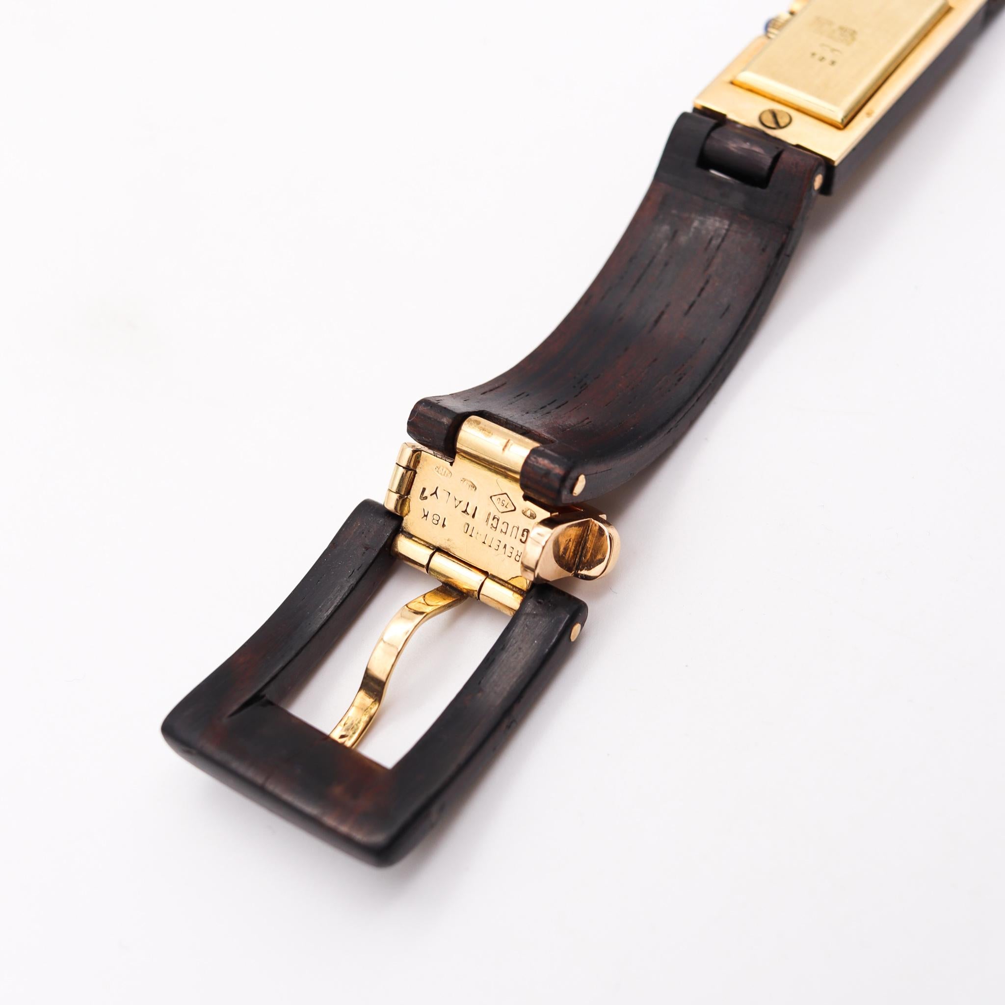Gucci Frankreich 1968 Seltene Armbanduhr mit Schnalle aus Makassar-Holz mit Intarsien aus 18 Karat Gold im Angebot 3