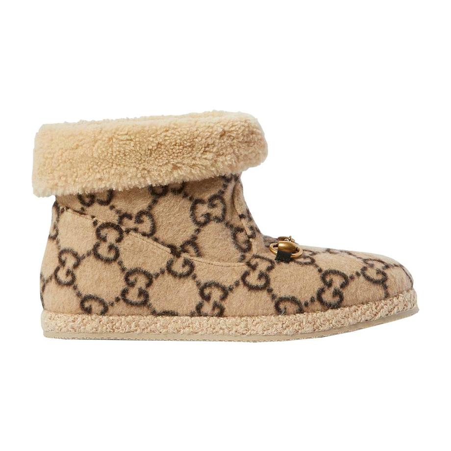 Gucci Fria Horsebit Print Wool and Faux Shearling Ankle Boots at 1stDibs