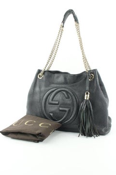 Gucci Fringe Tassel Black Leather Soho Chain Tote Bag 722gks323