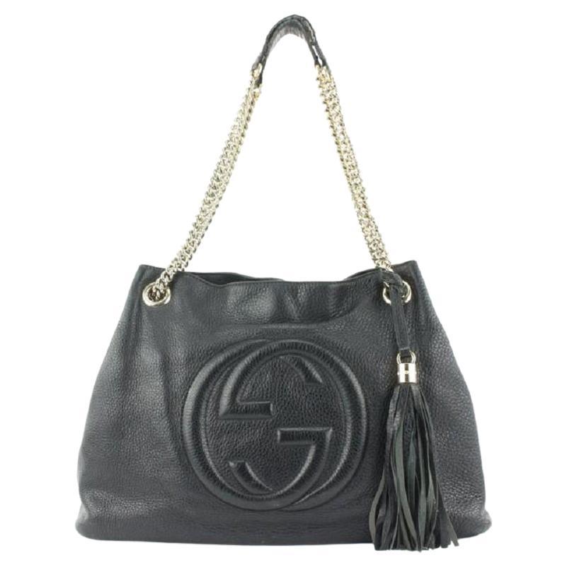 Gucci Fringe Tassel Black Leather Soho Chain Tote Bag 722gks323