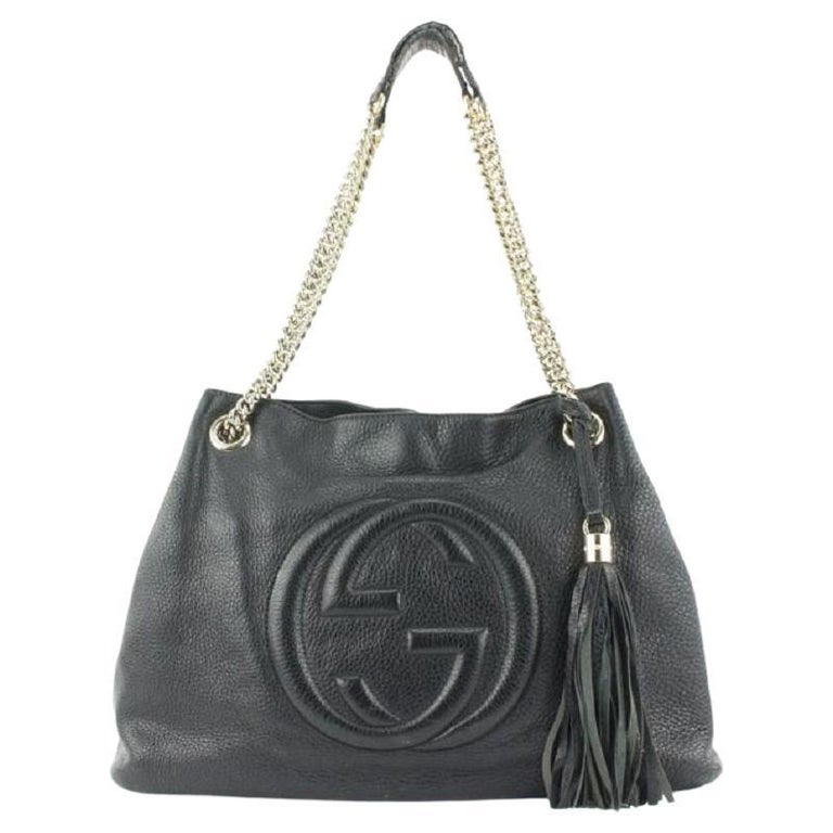  Gucci Soho Leather Flap Shoulder Bag Black Gold Tassel