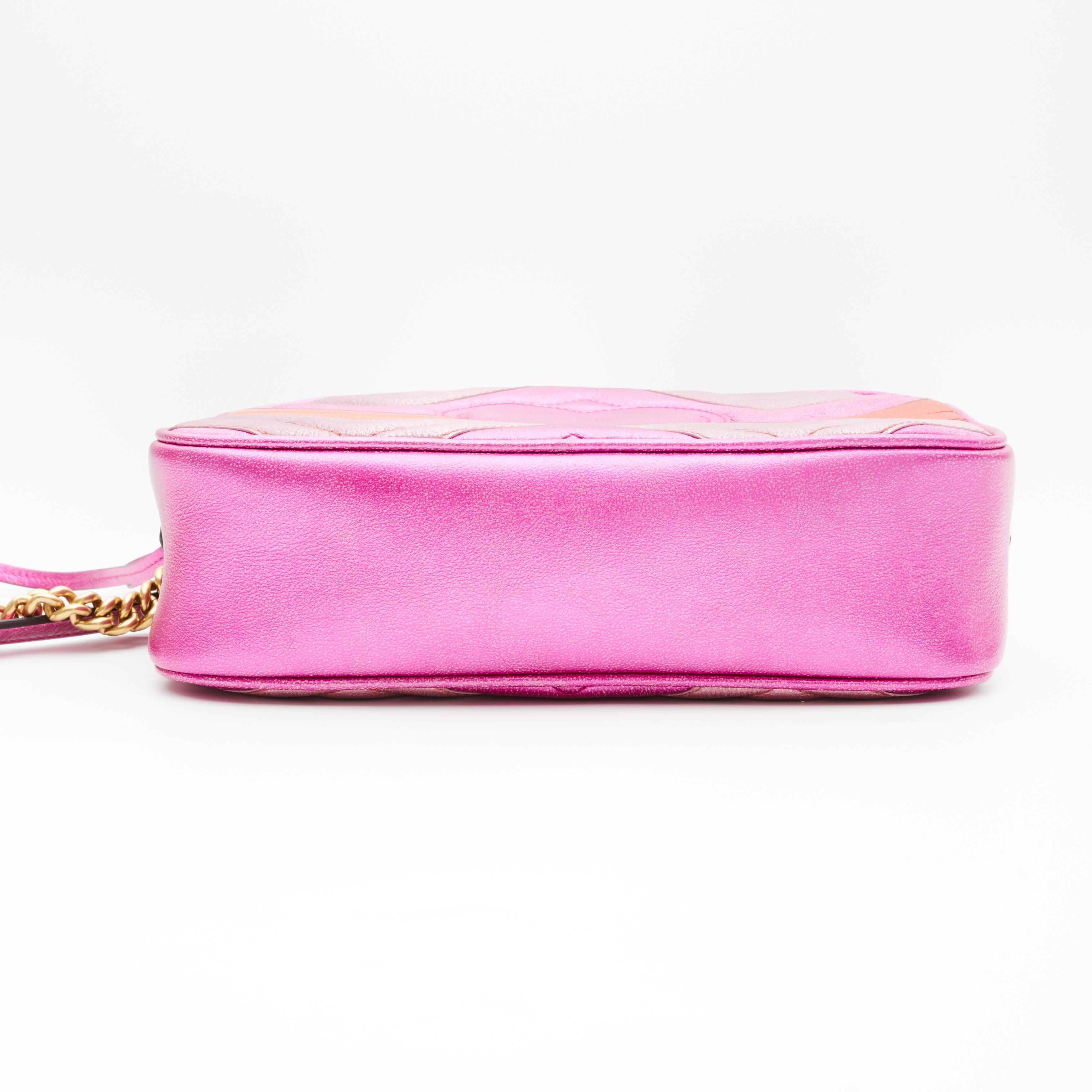 Pink Gucci Fuchsia Metallic Marmont GG Matelasse Camera Bag