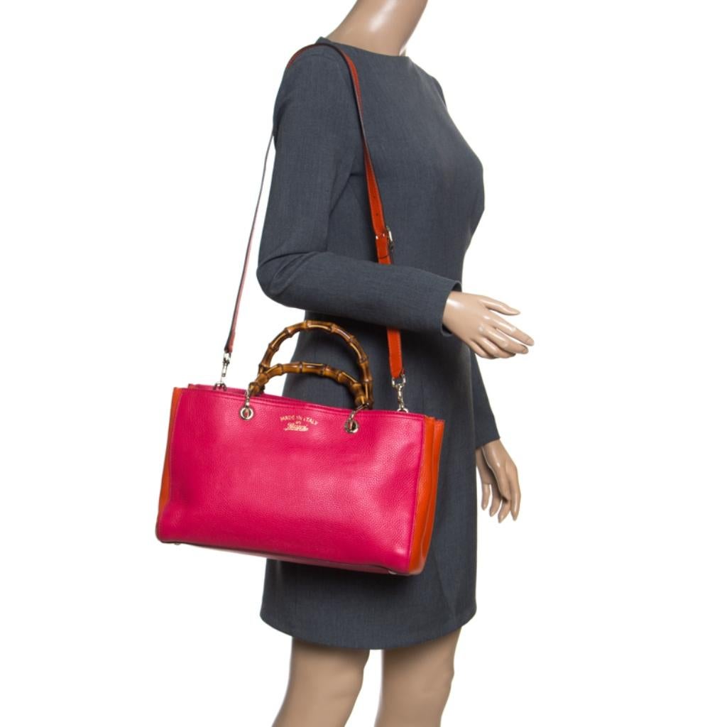 Red Gucci Fuchsia/Orange Leather Medium Exclusive Bamboo Shopper Top Handle Bag