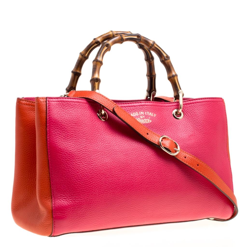 Gucci Fuchsia/Orange Leather Medium Exclusive Bamboo Shopper Top Handle Bag In Excellent Condition In Dubai, Al Qouz 2