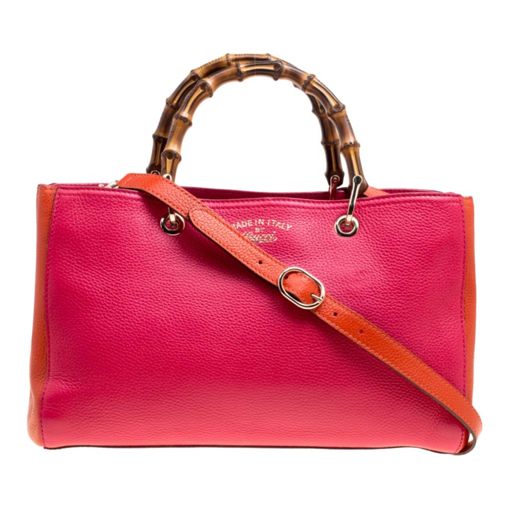 Gucci Fuchsia/Orange Leather Medium Exclusive Bamboo Shopper Top Handle Bag