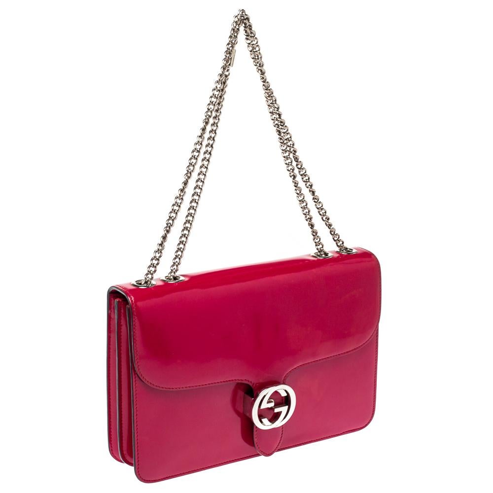 Red Gucci Fuchsia Patent Leather Medium Interlocking G Shoulder Bag